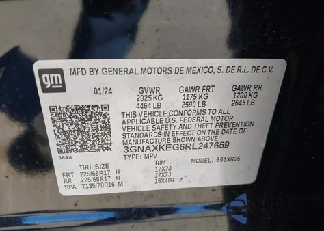 2024 Chevrolet Equinox Fwd Lt из США, поврежденный, VIN 3GNAXKEG6RL247659